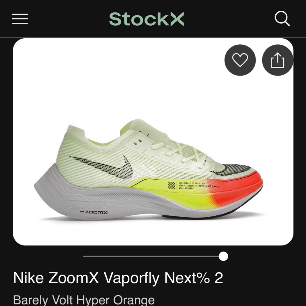 New Nike ZoomX Vaporfly
Barely Volt/Hyper Orange/Volt/Black